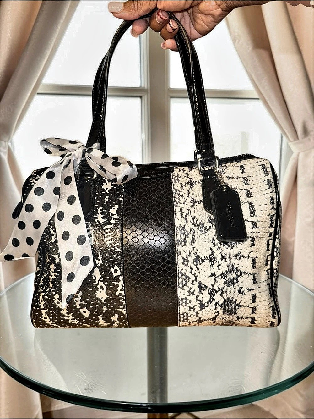 Coach Nancy Satchel 2014 Exotic Python Snake-Embossed Leather Black & White